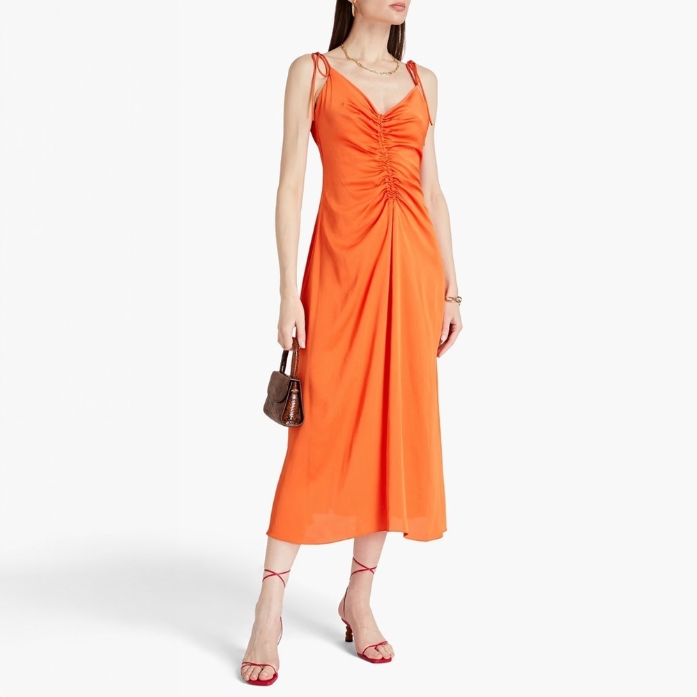 Sandro - Praline Ruched Satin-crepe Midi Dress - Orange Tomato